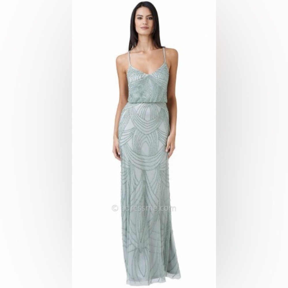 NWT: Adrianna Papell Blouson Criss-Cross Beaded Formal Gown in Mist, Size 10
